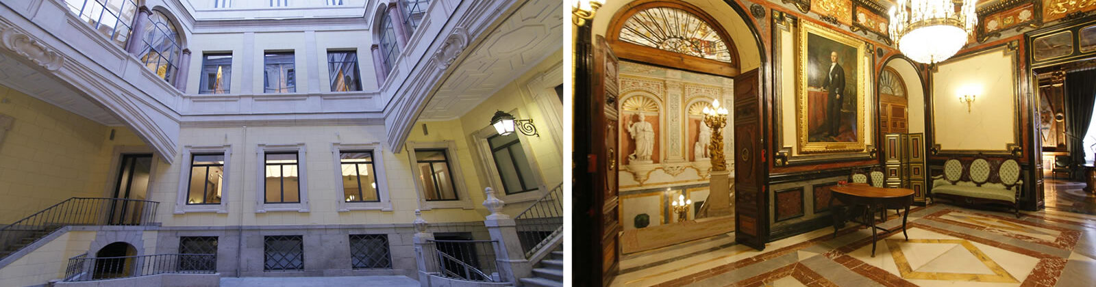 Vistas del interior del Palacio de Santoña, patio interior y hall superior.