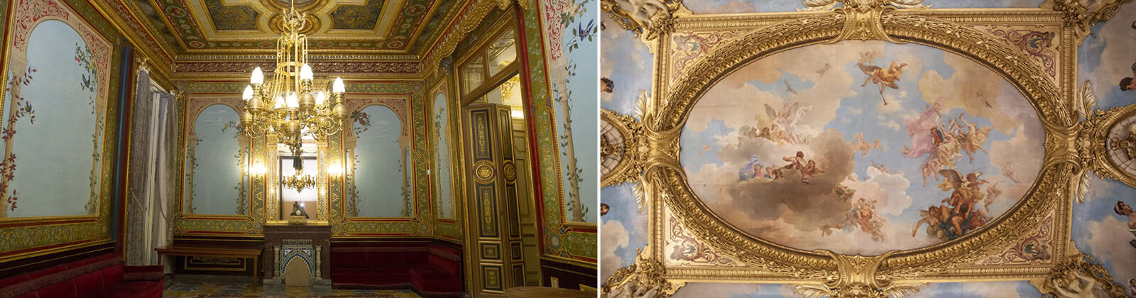 Vistas del interior del Palacio de Santoña, en concreto del salón y de su formifable techo con murales pintados.