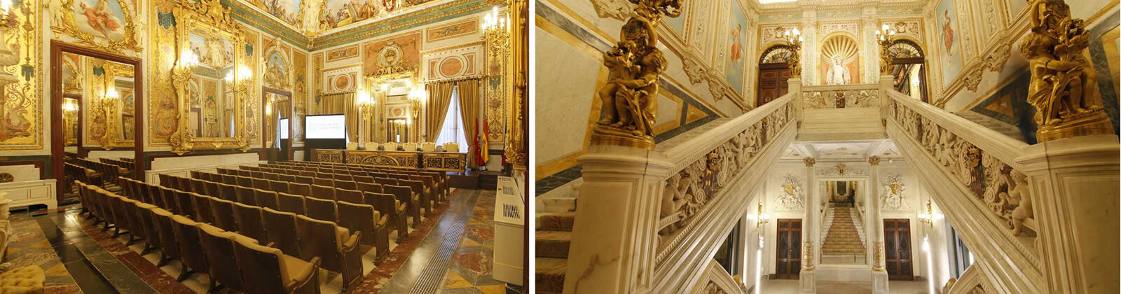 Vistas del interior del Palacio de Santoña, escalera princial y sala de actos.